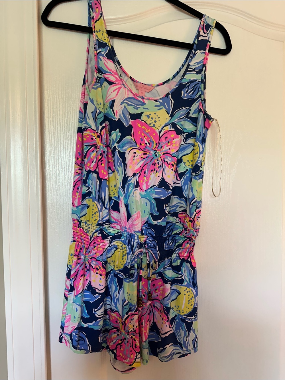 Lilly Pulitzer Floral Navy Tank Romper with Bright Pink & Lime Accents
